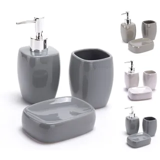 MSV Bad Accessoires Keramik 3-teilig - Seifenspender, Seifenschale, Zahnputzbecher Grau