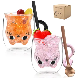 VZZNN 2 Stk Katzentasse Doppelwandige Gläser mit Löffel geschenk für katzenliebhaber Mama Papa Lehrer Freundin Geschenkidee Geschenk zum Muttertag Vatertag Valentinstag Ostern Halloween Weihnachten
