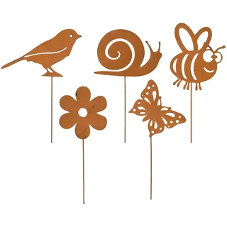 WANTOUTH 5 Stück Gartenstecker Rost Set Gartendeko Metall Rostige Vögel Schmetterling Schnecke Biene Blume Edelrost Deko Rostdeko Blumenstecker für Garten Terrasse Balkon Blumentopf Wetterfest