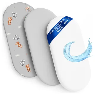 Spannbettlaken Kinderwagen Baby Spannbetttücher 3er Set: 33x72 cm - 2X Bettlaken + 1x wasserdichter Matratzenschoner - Babybett Zubehör für Kinderbett Beistellbett Stubenwagen 33 x 72