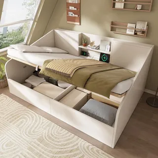 okwish Schlafsofa 140x190 Tagesbett mit abgerundeten Ecken und drei USB-Anschlüssen,Daybett Jugendbett mit 2 Ablagen und Bettkasten,Weiß(ohne Matratze) - Weiß
