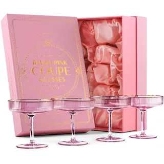 Vintage Art Deco Gerippte Coupe Gläser in Zartem Rosa mit Goldrand | 4er Set | 200 ml Cocktailgläser für Champagner, Espresso Martini, Cosmopolitan, Daiquiri | Speakeasy Kristall Champagnerschalen