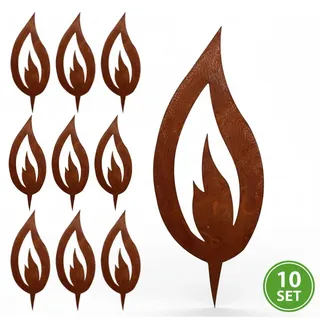 Rostikal 10er Deko Flamme Set Edelrost Deko rostige Flamme zum Einschlagen in Holzstamm 10 cm Dekoration Wohnzimmer modern - Braun