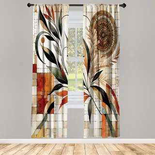 ABAKUHAUS Boho Fenstervorhänge, Orientalische Herbstmandala-Blume, Leichtes Dekor-2-Panel-Set mit Stangentasche, 2 Stück 150 cm x 175 cm, Beige Orange Laurel Grün