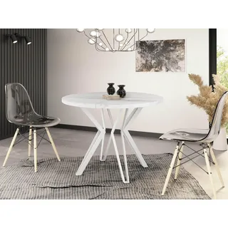 Runder Tisch für das Esszimmer - 100 oder 120 cm Durchmesser - Ausziehbarer Tisch in Weißenr Marmoroptik mit Pulverbeschichteten Weißen Metallbeinen - Industriestil - 100 cm - Marmor Weiß - Weiß, Hellgrau