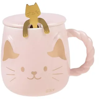 lachineuse – Porzellantasse mit japanischer Katze – mit Deckel und Löffel – 425 ml – Frühstück & Pause – Kaffee, Tee, heiße Schokolade – Geschenkidee Asien, China, Japan – Farbe Rosa und Gold