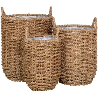 Übertopf-Set , Braun , Holz , 3-teilig , Seegras , Dekoration, Blumen & Blumentöpfe, Übertöpfe