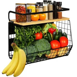 Magnetische Obstkorb Hängend Obstschale & Gewürzregal Hängend 2 In 1, Küchen Organizer - Küchenregal Ohne Bohren- Obstkorb Etagere Obst and Gemüse Aufbewahrung, Drahtkorb Mit Deckel, 2 Haken für Küche