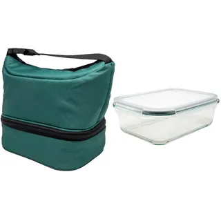 NERTHUS FIH 1504 Thermo-Lunchbox schwarz mit luftdichtem Glasbehälter 640 ml, Lunchbox mit Doppelfach, isolierter Innenraum, mit Griff, ideal für Arbeit und Büro