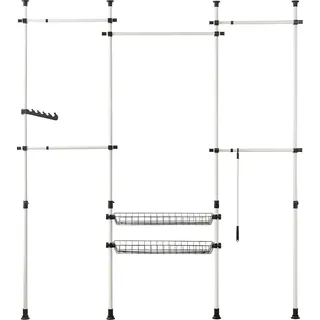 KLS04 Teleskop-Garderobensystem, verstellbares Kleideraufbewahrungssystem mit 5 Stangen und 2 Körben, weiß - Weiß
