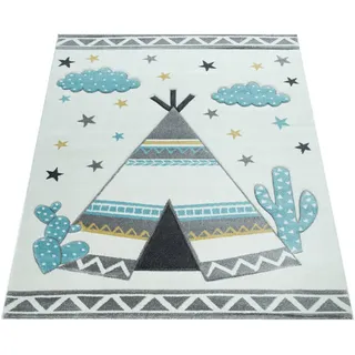 Paco Home Kinderteppich "Ela 215", rechteckig 16 mm Höhe Kurzflor, 3D-Design, Motiv Zelt, Wolken & Sterne, Kinderzimmer,