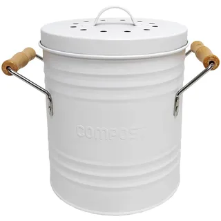 JE CHERCHE UNE IDEE, ME0025, Kompostbehälter aus Metall mit Deckel und Griffen, Elegantes Retro-Design, 4 Liter Fassungsvermögen, Deckel mit Filter, praktische Holzgriffe
