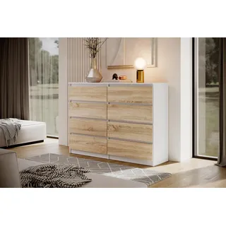 Moderne Kommode LINDA 8S - Sideboard 140 cm mit 8 Schubladen & Grifflosen Fronten (Weiß + Eiche Sonoma) - Weiß, Bronze