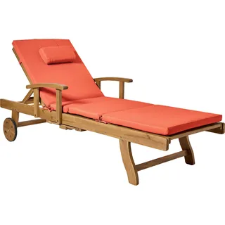 BELIANI Gartenliege Hellbraun u. Rot Akazienholz Verstellbar Rollbar Sonnenliege mit Tisch und Auflage Terrasse Garten Balkon Modernes Design - Braun, Rot
