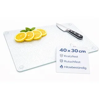 Schneidbrett aus Glas 40x30cm, Küchenbrett, mit rutschhemmenden Füßchen, hygienisch, hitzebestädig,