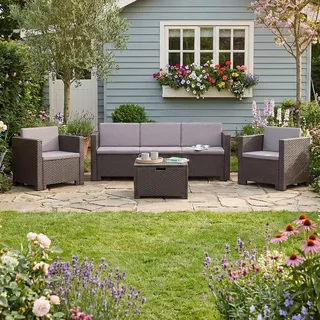 Dmora Loungeset für draußen Cerere, Outdoor-Lounge mit Couchtisch, Terrassenset mit Kissen, Gartenkomposition mit Sofa und Sesseln, Italy, Braun