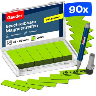 Gauder Magnetetiketten beschreibbar - Wiederverwendbare Magnetschilder zum Beschriften für Whiteboard, Tafel, Kanban-Board und Kühlschrank - Magnetkarten mit Marker (90 Stück - 75 x 25 mm)