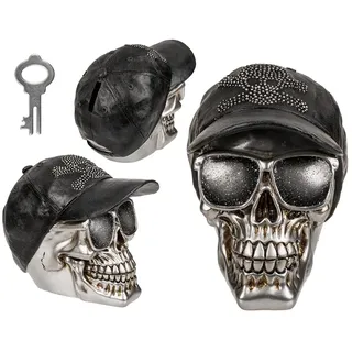 Out of the Blue Spardose mit Schloss, Totenkopf mit Basecap, ca. 16 x 13 cm, aus Polyresin, Silber