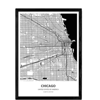 Nacnic Poster mit Karte von Chicago - USA. Blätter von US-Städte mit Meeren und Flüssen in schwarz und weiß. A3