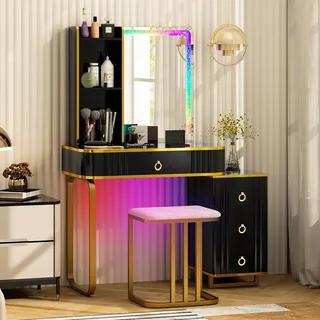 COSTWAY Schminktisch mit LED-Beleuchtung, Frisiertisch mit 7 dynamischen & 7 statischen dimmbaren LED-Leuchten, kabelloser Ladestation, USB-Anschluss und 4 Schubladen, Kosmetiktisch mit Hocker