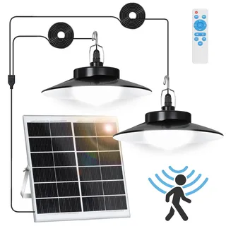 LED Solarlampe Bewegungsmelder Außen Pendelleuchte IP65 Wasserdicht Gartenleuchte Dimmbar 5 Modi mit Fernbedienung, Kaltweiß, 2 Lampe
