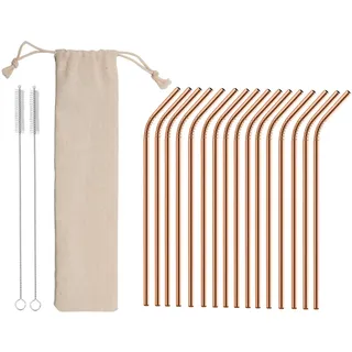 16 Edle Strohhalme aus Edelstahl Wiederverwendbar, Mit 2 Reinigungsbürsten und Tasche, Strohhalm aus Metal, Trinkhalm, Reusable Straws, Geschenk, Umweltfreundlich und Spülmaschinenfest (Rosé-Gold)