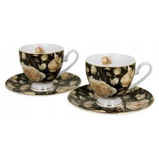 Duo English Roses Black 2 Espressotassen mit Untertassen