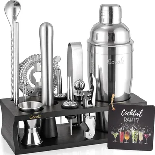 Cocktail Shaker Set mit Bambus Ständer & Rezeptbuch, Edelstahl 750ml Bar Cocktailset Cocktailshaker mit Bar Zubehör Werkzeug,17 Stück Cocktail Mix Set für Barkeeper Geschenk Frauen (Schwarz Silber)