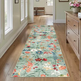HUGEAR Grün Waschbarer Läufer Teppich Flur 60x240cm Blumenmuster Bettvorleger Blumen Boho Modern Küchen Wohnzimmer Schlafzimmer Teppiche rutschfest Kurzflor Weich Flurläufer Teppichläufer