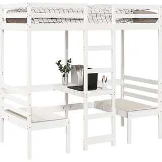 vidaXL Hochbett mit Schreibtisch & Stühlen 75 x 190 cm Kiefer massiv weiß