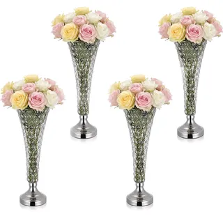 VEVOR 4 Stk. Hochzeitsvasen Tafelaufsatz Blumenvasen für Hochzeit 51 cm Hoch, Metall Tafelaufsatz Vasen mit Kristall Blumenständern, Trompete Vase für Hochzeiten Party Jubiläumsfeier Zeremonie, Silber