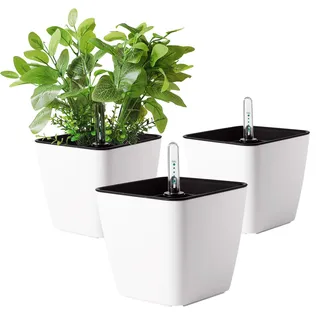 T4U 13cm Blumentopf Plastik Weiß mit bewässerungssyste mit Anzeiger Eckig Pflanztopf 3er-Set, Selbstwässernde wasserspeicher für blumentöpfe,übertöpfe für Zimmerpflanzen