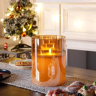 JHY DESIGN 3 Dochte Kerze Echtwachs, Flammenlos LED Batteriekerze mit 6-Stunden Timerfunktion & 3D-Effekt batteriebetrieben in Glas für Party Wohnzimmer Hochzeit (Groß,Gold)
