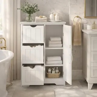DUMOS Badezimmerschrank, MDF Kommode mit Schubladen, Badschrank Schmal Klein, Beistellschrank mit 3 Schubladen, 60 x 28.5 x 81 cm, für Badezimmer, Wohnzimmer, Schlafzimmer, Esszimmer, Küche, Weiß