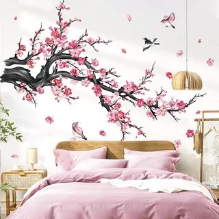 decalmile Wandsticker Blumen Rosa Baum Ast Wandtattoo Vögel