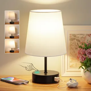 PreeOtti Nachttischlampe Touch Dimmbar, USB A+-C-Ladefunktion, Tischlampe mit Weißer Lampenschirm Schwarzer Sockel, Kleine Lampe für Nachttisch Wohnzimmer Schlafzimmer Kinderzimmer Büro
