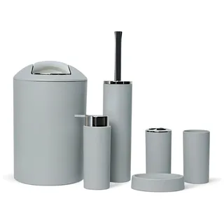 6tlg Badset Badezimmer Zubehör Set Organizer: Seifenspender, Zahnputzbecher, Kosmetikeimer, WC Bürste und Halter, Seifenschale, Mülleimer, Zahnbürstenhalter, Badgarnitur (Grau Design 2a)