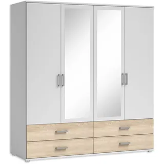 SchlafKONTOR IVAR Kleiderschrank mit Spiegel inklusive 2 Fächer 4 Schubladen - Vielseitiger Drehtürenschrank 4-türig in Weiß, Eiche Sonoma Optik - 180 x 190 x 51 cm (B/H/T)