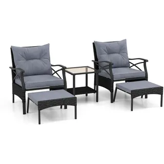 FANTASK 5-teiliges Rattan Gartenmöbel Set, Terrassenmöbel Set inkl. 2 Stühle mit Kissen, Hocker & Tisch, Garten Sitzgruppe, Balkonmöbel für Garten, Balkon, Terrasse (Schwarz + Grau)