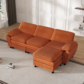 Ball & Cast Cord Sofa mit Doppel-Kissen, Sofa Couch 3 Sitzer in L-Form, Modulares Schlafsofa als Wohnlandschaft, 258 x 86 cm, Orange