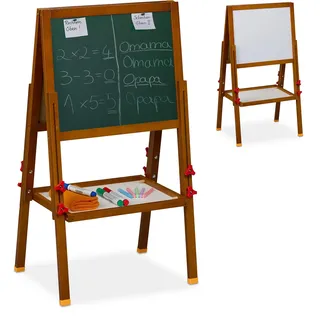 Relaxdays Kinderstandtafel, magnetische Spieltafel, höhenverstellbar, 81-104x45x42 cm, Whiteboard & Kreidetafel, braun