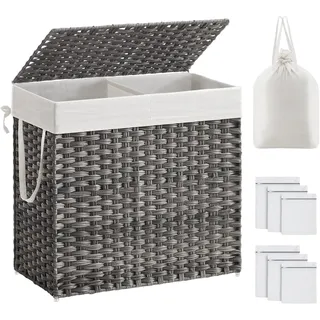 SONGMICS Wäschekorb mit Deckel, Wäschesammler 130 Liter, 2 Fächer, herausnehmbarer Wäschesack mit Griffen, handgeflochten, für Schlafzimmer, Badezimmer, 33 x 66 x 60 cm, grau LCB253G01