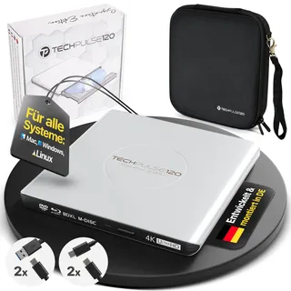 techPulse120 Externes USB 3.1 USB-C UHD 4k 3D M-DISC Blu-ray DVD CD HDR10 128GB Laufwerk Brenner Burner Signature Paket Tasche 90cm Anschlusskabel Aluminium (Silber)