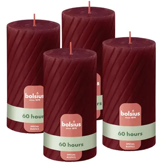 Bolsius Rustikale Stumpenkerzen – Geriffelt – Rot – 4er Set – 13 cm – Dekorative Haushaltskerzen – Mit natürlichem Pflanzenwachs – Ohne Palmöl