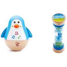 Hape Stehauf-Pinguin | Farbiger Stehauf-Pinguin mit Melodie, Stehauf-Spielzeug für Kinder im Alter von 6 Monaten und älter & Regenmacher | Mini-Rassel aus Holz Regenmacher-Spielzeug, Blau