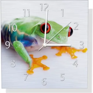 Wallario Design Wanduhr Lustiger Frosch in grün und orange aus Aluverbund, Größe 30 x 30 cm - Weiß