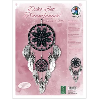 Ursus 21560002F - Deko Set Traumfänger Schwarz/Silber, Set enthält Material für 2 Traumfänger, beidseitig bedruckt, diverse Stanzteile, Perlen, Kordel