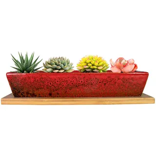 Artketty Sukkulententententöpfe, 24,9 cm, Keramik-Sukkulenten-Pflanzgefäße mit Drainage, Kleiner Bonsai-Topf mit Bambus-Tablett, Mini-Kaktus-Blumentopf, flach, rechteckig, Fenster-Pflanzgefäße für