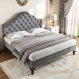 okwish Polsterbett 90*200cm, mit Lattenrost und Kopfteil, höhenverstellbares Kopfteil, Lattenroste aus Holz, einfache Montage, Samt (Ohne Matratze) - Grau
