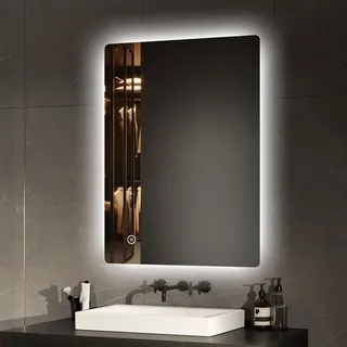 EMKE Badspiegel mit Beleuchtung 80x60cm mit Touch, Antibeschlag, Einstellbare Helligkeit, Speicherfunktion, Kaltweiß 6500K Badezimmerspiegel energiesparend Spiegel mit Beleuchtung